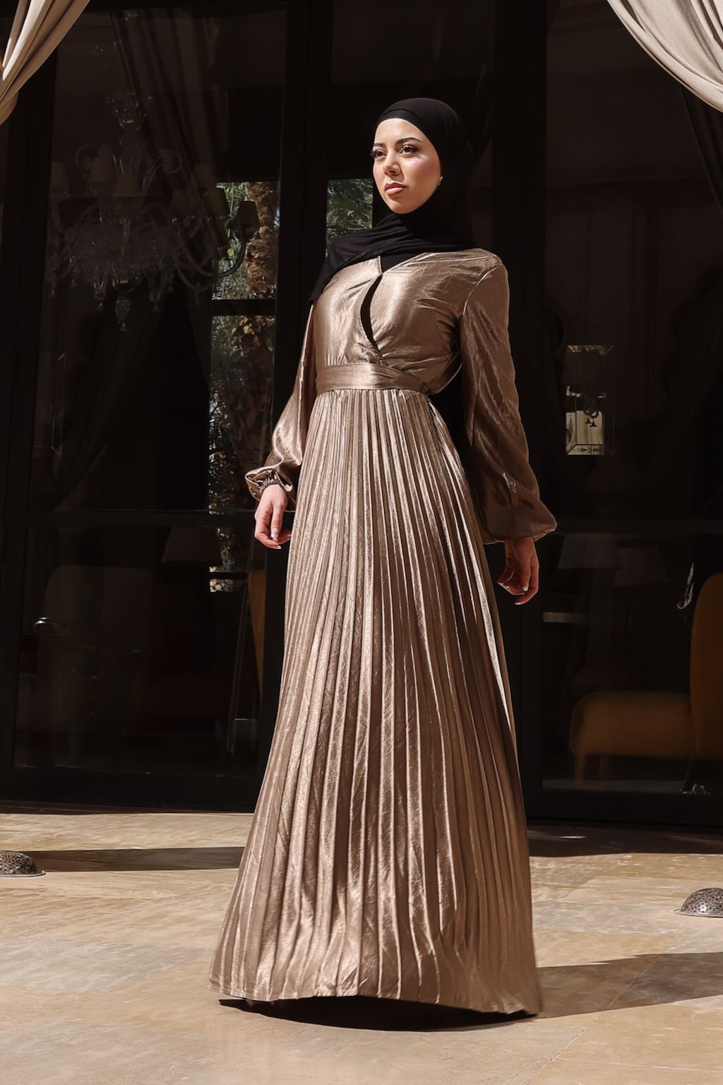 Ayla Pleated Satin Gown | Metallic Gold | XS - 60 | Satin, Not Transparent, Balloon Sleeves | Clothing | Niswa Fashion Ayla Pleated Satin Gown | Metallic Gold | XS - 60 | Satin, Not Transparent, Balloon Sleeves | Clothing | Niswa Fashion