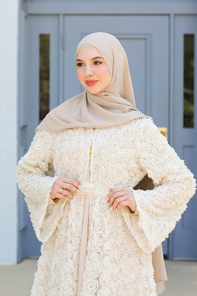 Warda Motif Open Abaya - Vintage Cream