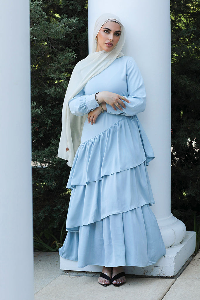 BlueValencia Tiered Pleated Dress - Powder Blue, L / 56 / Blue| Niswa Fashion BlueValencia Tiered Pleated Dress - Powder Blue, L / 56 / Blue| Niswa Fashion