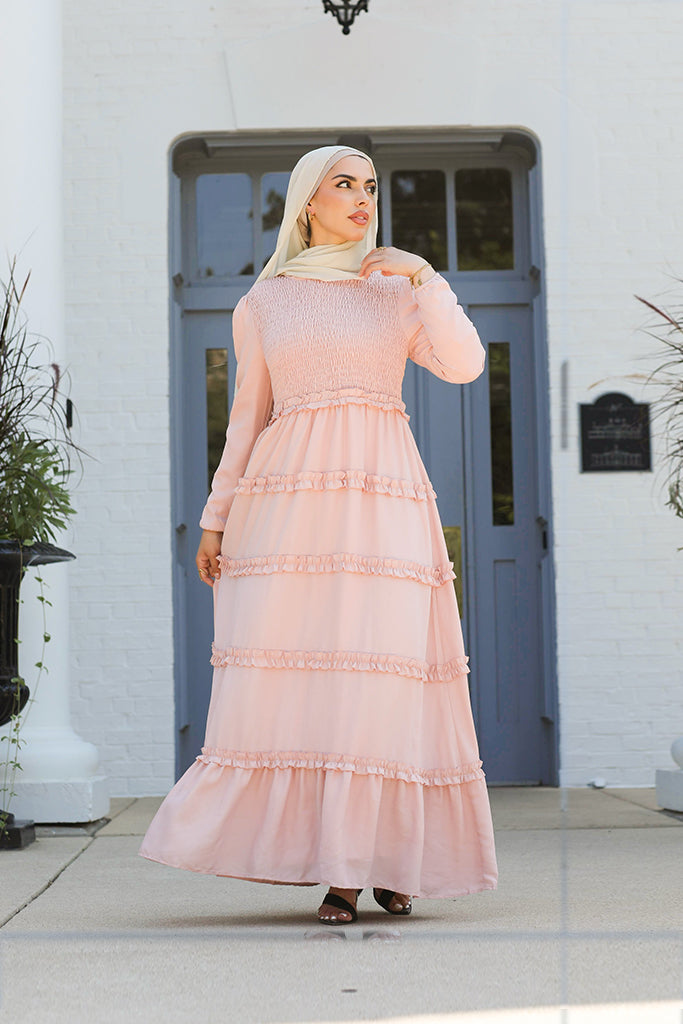 PinkSalwa Smocked Tiered Maxi - Petal Pink, XL / 56 / Pink| Niswa Fashion PinkSalwa Smocked Tiered Maxi - Petal Pink, XL / 56 / Pink| Niswa Fashion