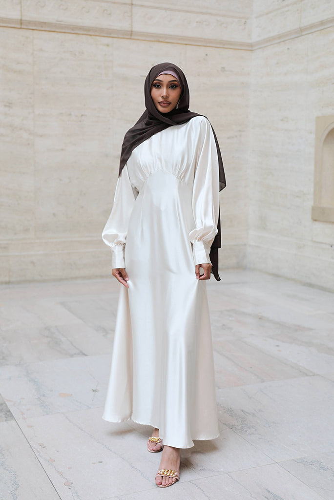 Imelda Batwing Dress | Ivory | S - 60 | Satin, Criss-Cross Bodice, Dolman Sleeves, Band Collar | Clothing | Niswa Fashion Imelda Batwing Dress | Ivory | S - 60 | Satin, Criss-Cross Bodice, Dolman Sleeves, Band Collar | Clothing | Niswa Fashion