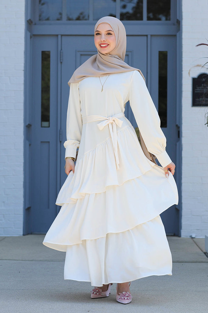 IvoryValencia Tiered Pleated Dress - Cream, L / 52 / Ivory| Niswa Fashion IvoryValencia Tiered Pleated Dress - Cream, L / 52 / Ivory| Niswa Fashion
