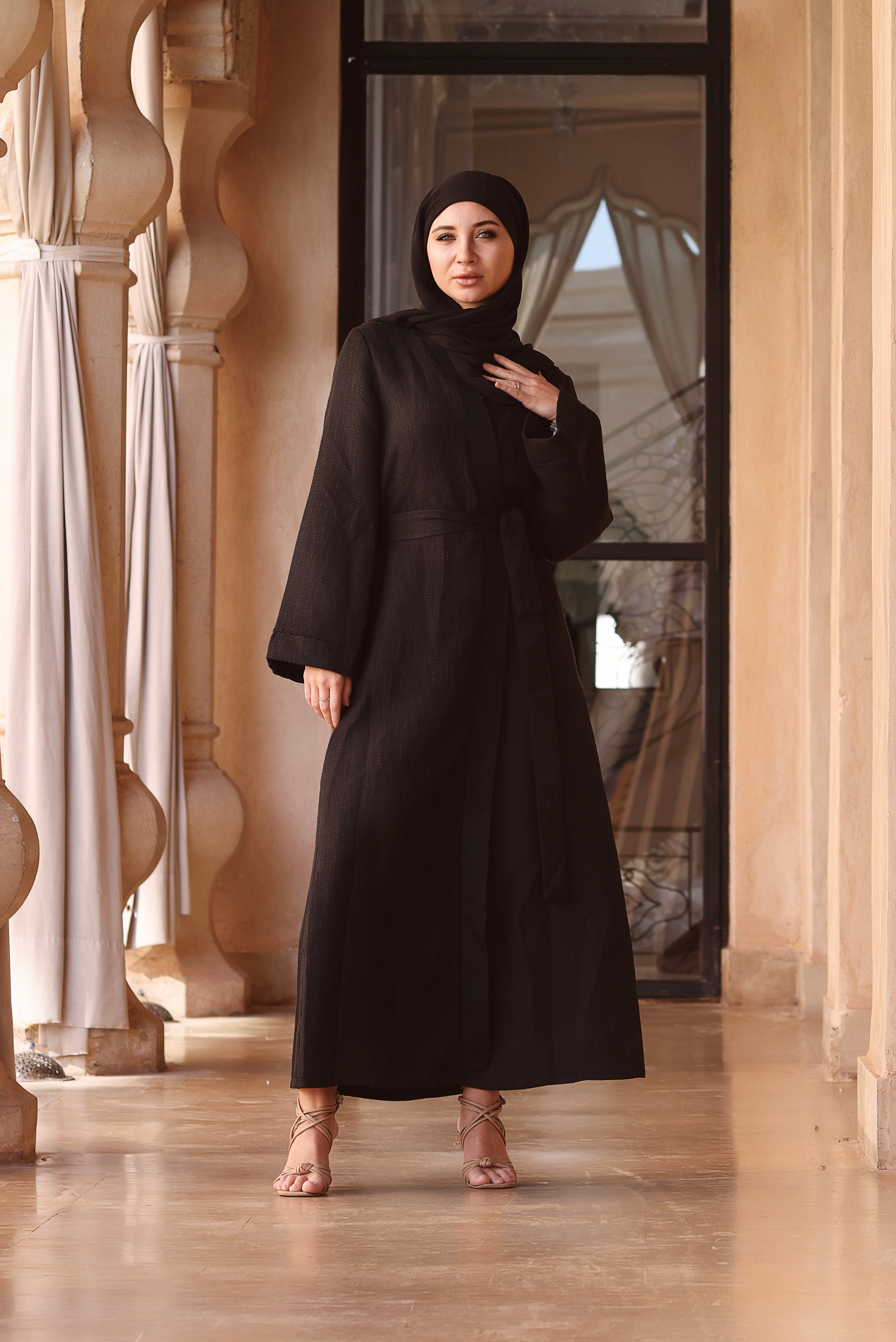 Sahar Textured Kimono Abaya - Black