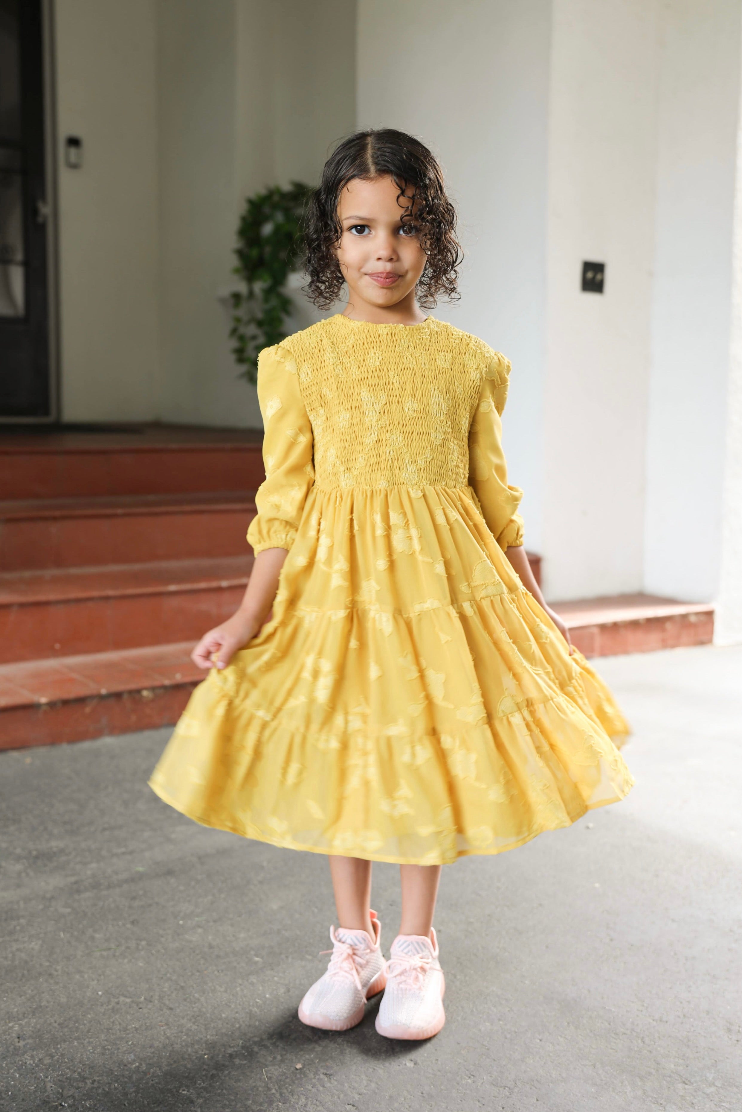 Mini Melanie Embossed Maxi Dress - Mustard | Size 2 | Layered Chiffon-Polyester Blend | Round Boat Collar & Cuffed Sleeves | Niswa Fashion Mini Melanie Embossed Maxi Dress - Mustard | Size 2 | Layered Chiffon-Polyester Blend | Round Boat Collar & Cuffed Sleeves | Niswa Fashion