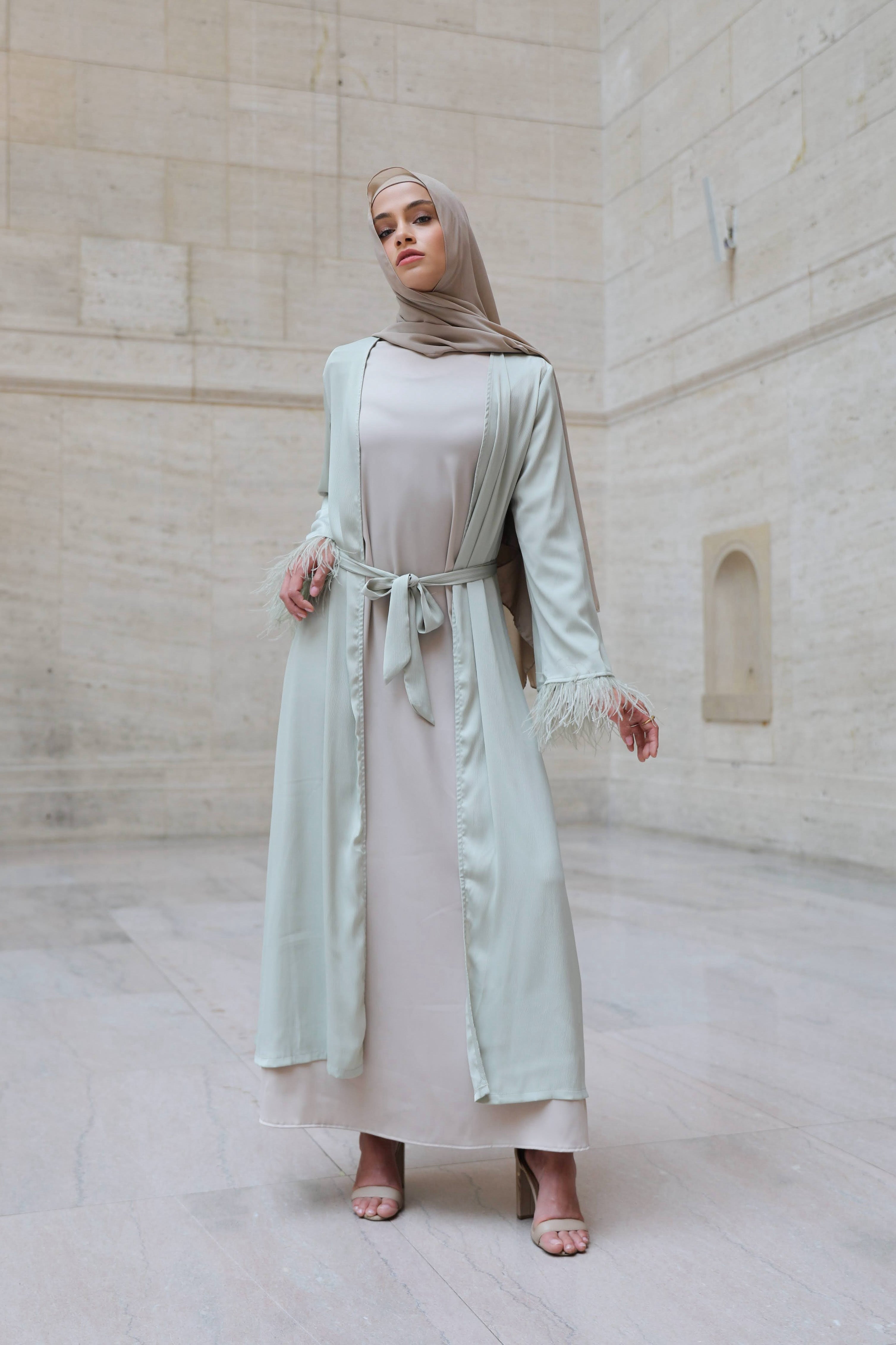 Sofiya Kimono Feather Abaya -Pastel Mint | Size 56 | Crepe Satin Polyester Blend, Luxurious Sheen, Delicate Feather Trim | Niswa Fashion Sofiya Kimono Feather Abaya -Pastel Mint | Size 56 | Crepe Satin Polyester Blend, Luxurious Sheen, Delicate Feather Trim | Niswa Fashion