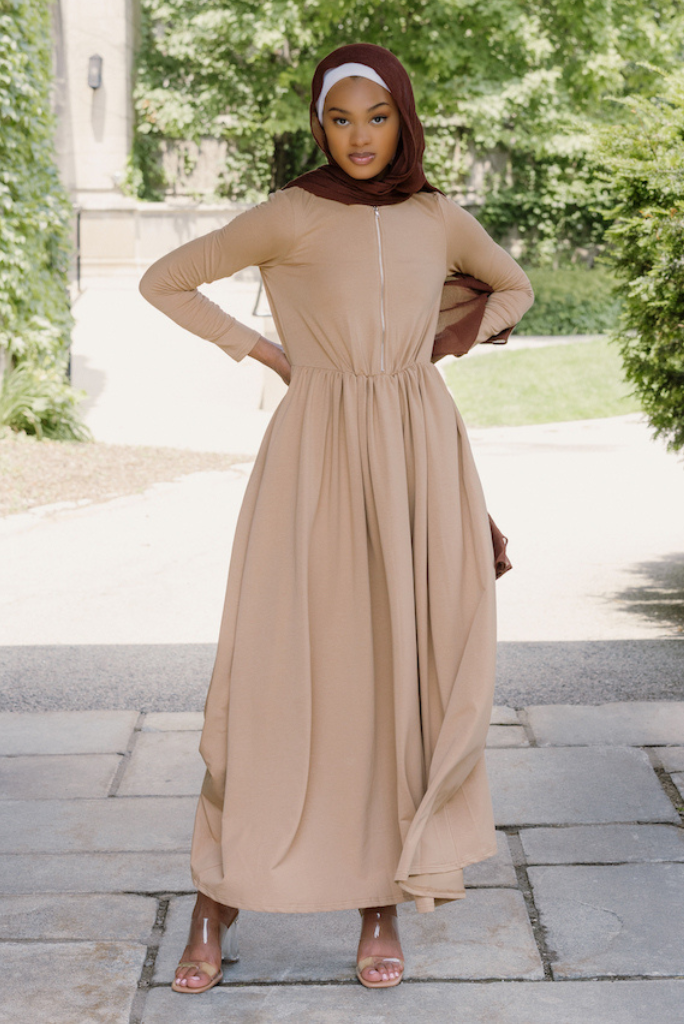 casual jersey dress for women Aminah Zipper Jersey Dress | Black | XS - 56 | Half-Zip Bodice, Flowing Hem, A-Line Silhouette | Clothing