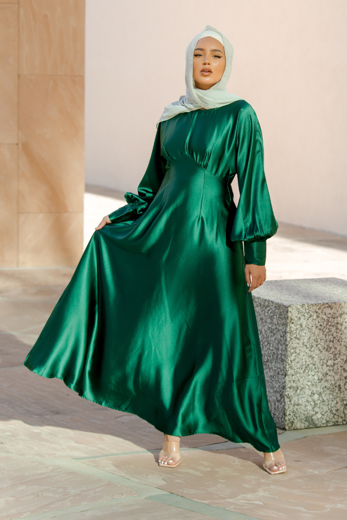 Imelda Batwing Dress | Emerald | Xs - 60 | Satin, Criss-Cross Bodice, Dolman Sleeves, Band Collar | Clothing | Niswa Fashion Imelda Batwing Dress | Emerald | Xs - 60 | Satin, Criss-Cross Bodice, Dolman Sleeves, Band Collar | Clothing | Niswa Fashion
