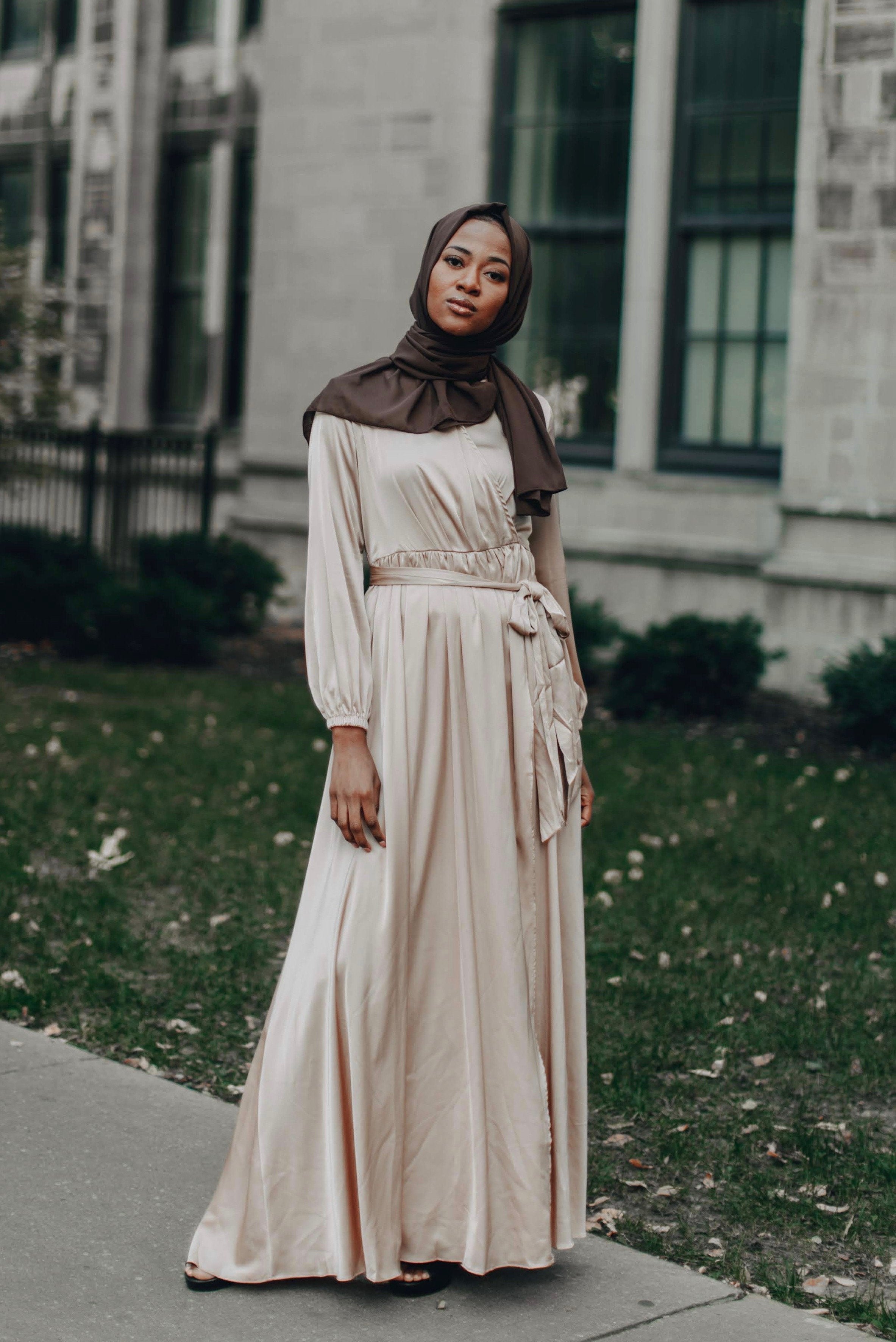 Modest Satin Dress - Gold Champagne-Niswa Fashion