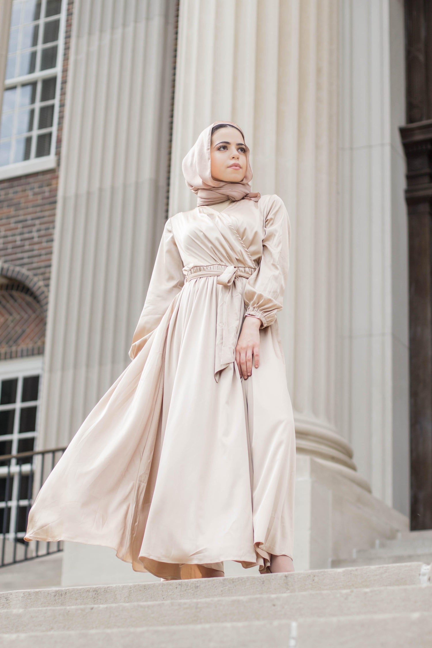 Modest Satin Dress - Gold Champagne-Niswa Fashion