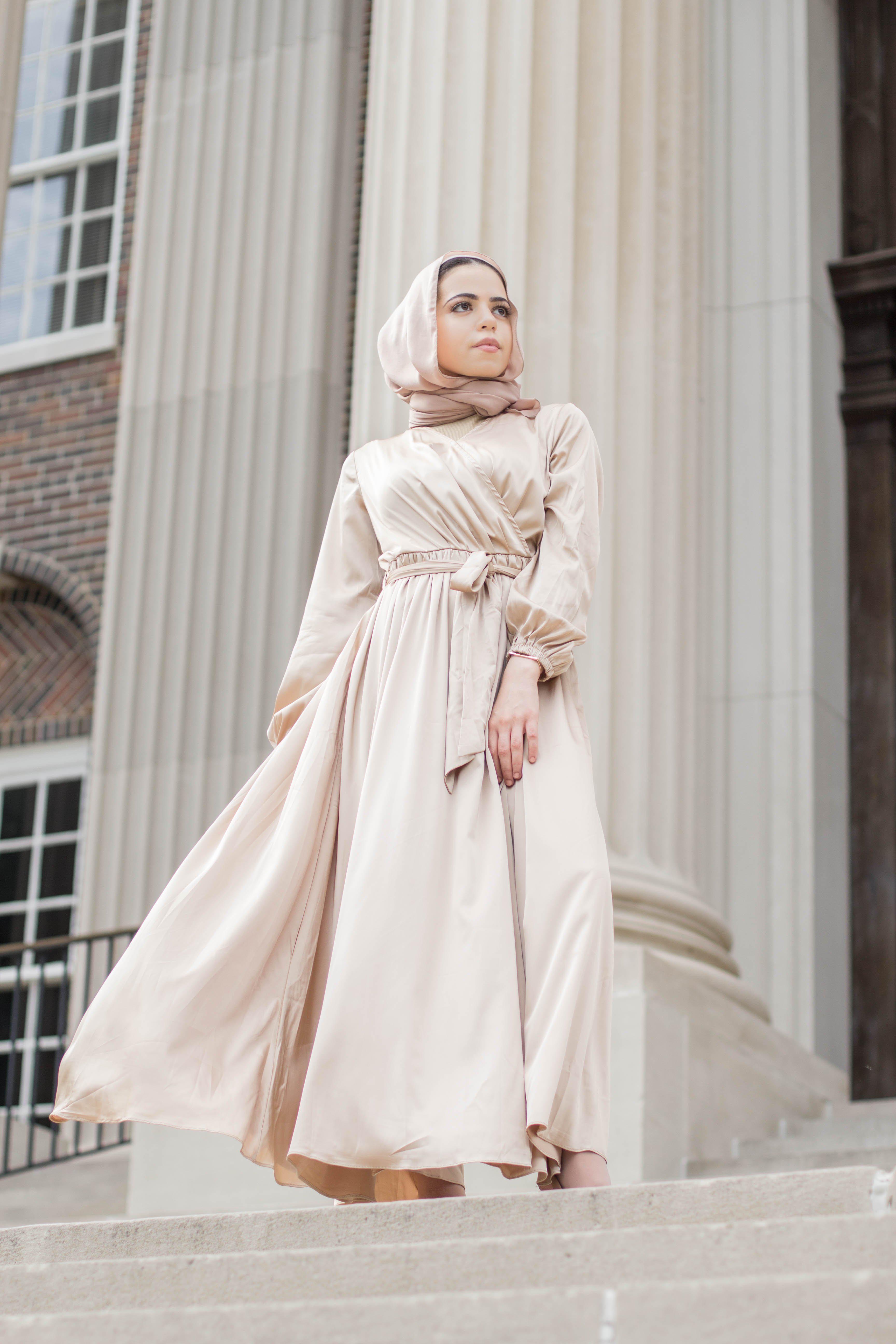 Modest Satin Dress - Gold Champagne-Niswa Fashion