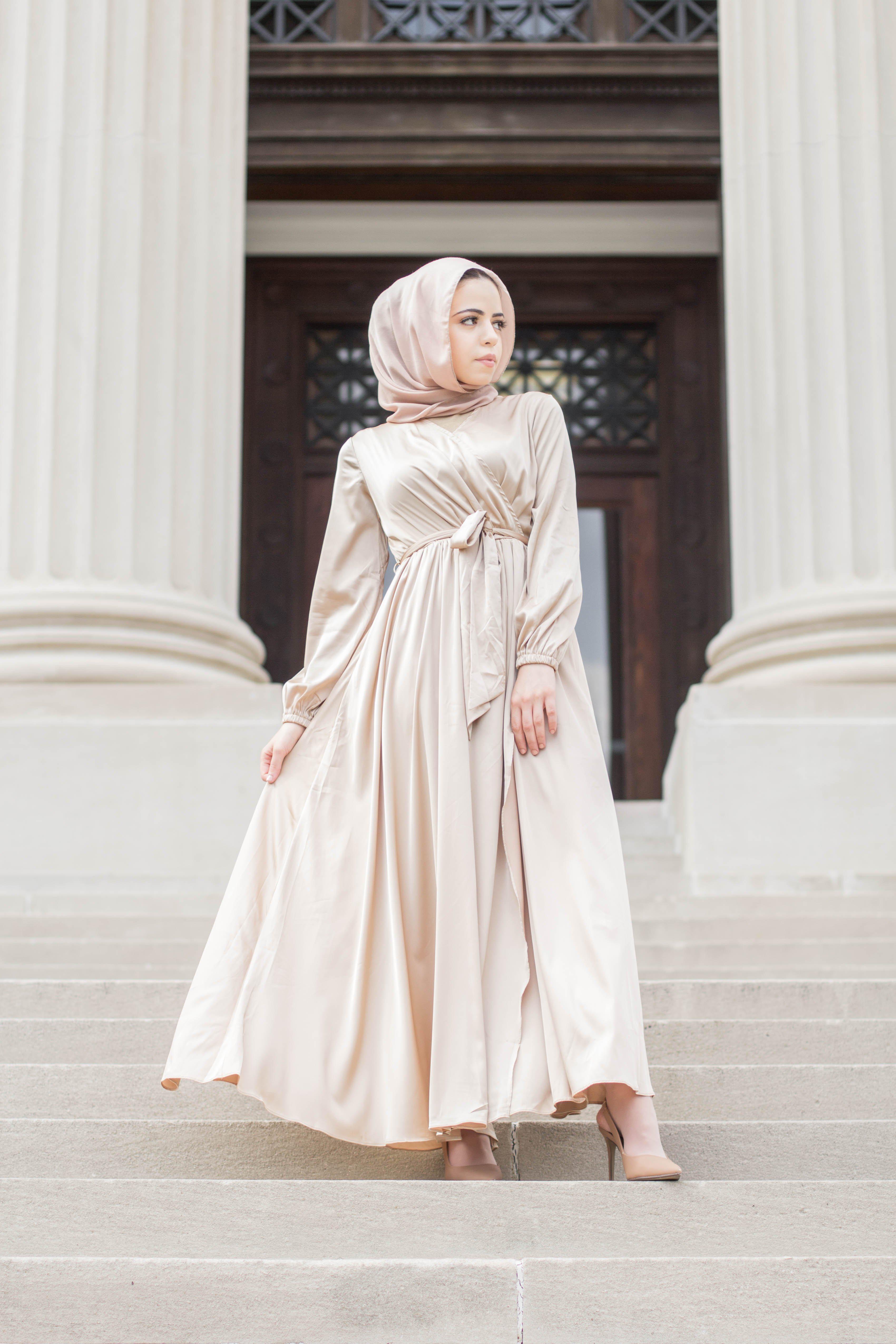 Shop Muslim Satin Dress For Women Gold Champagne – Niswa Fashion