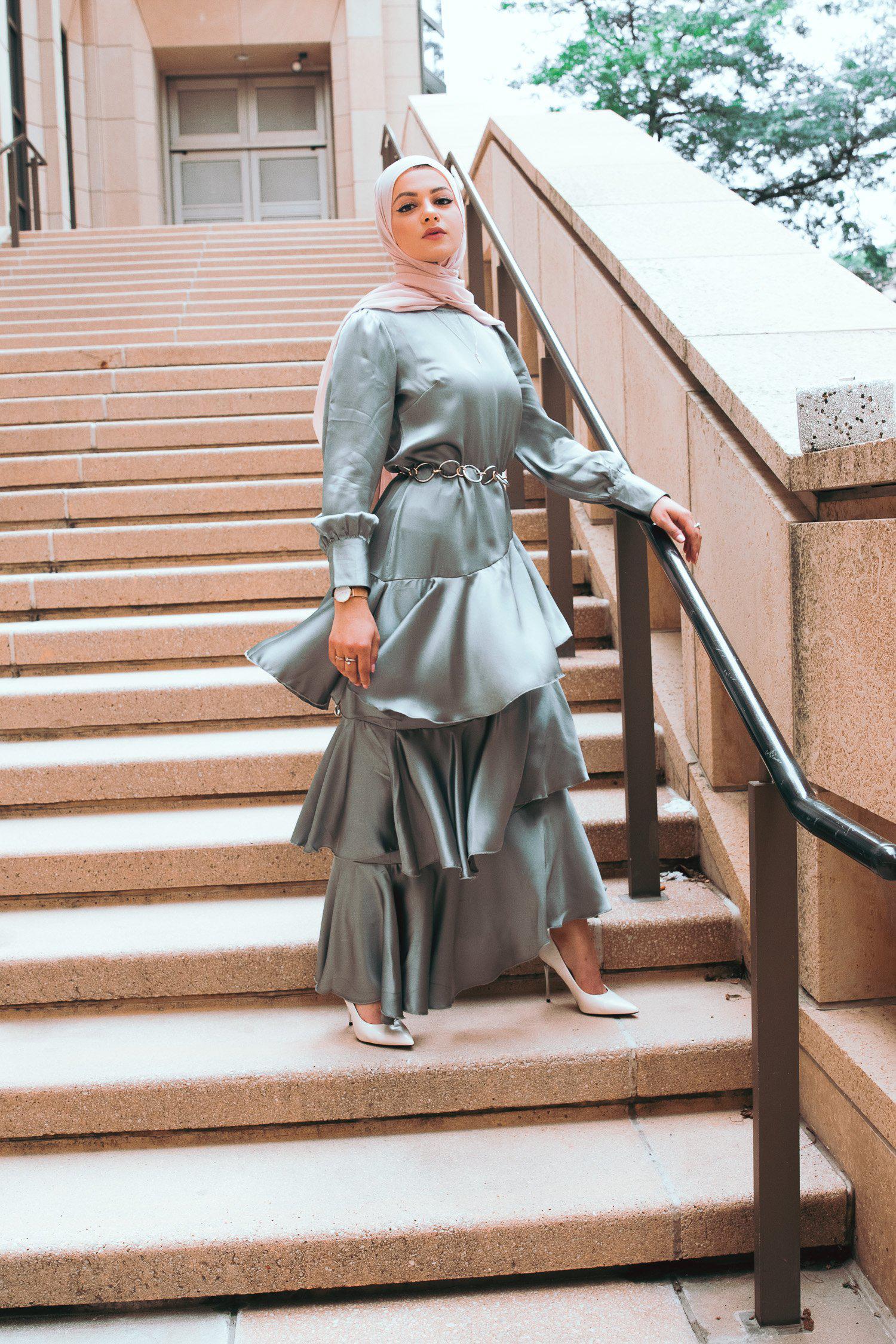 Seville Layered Satin Gown - Pale Jade-Niswa Fashion