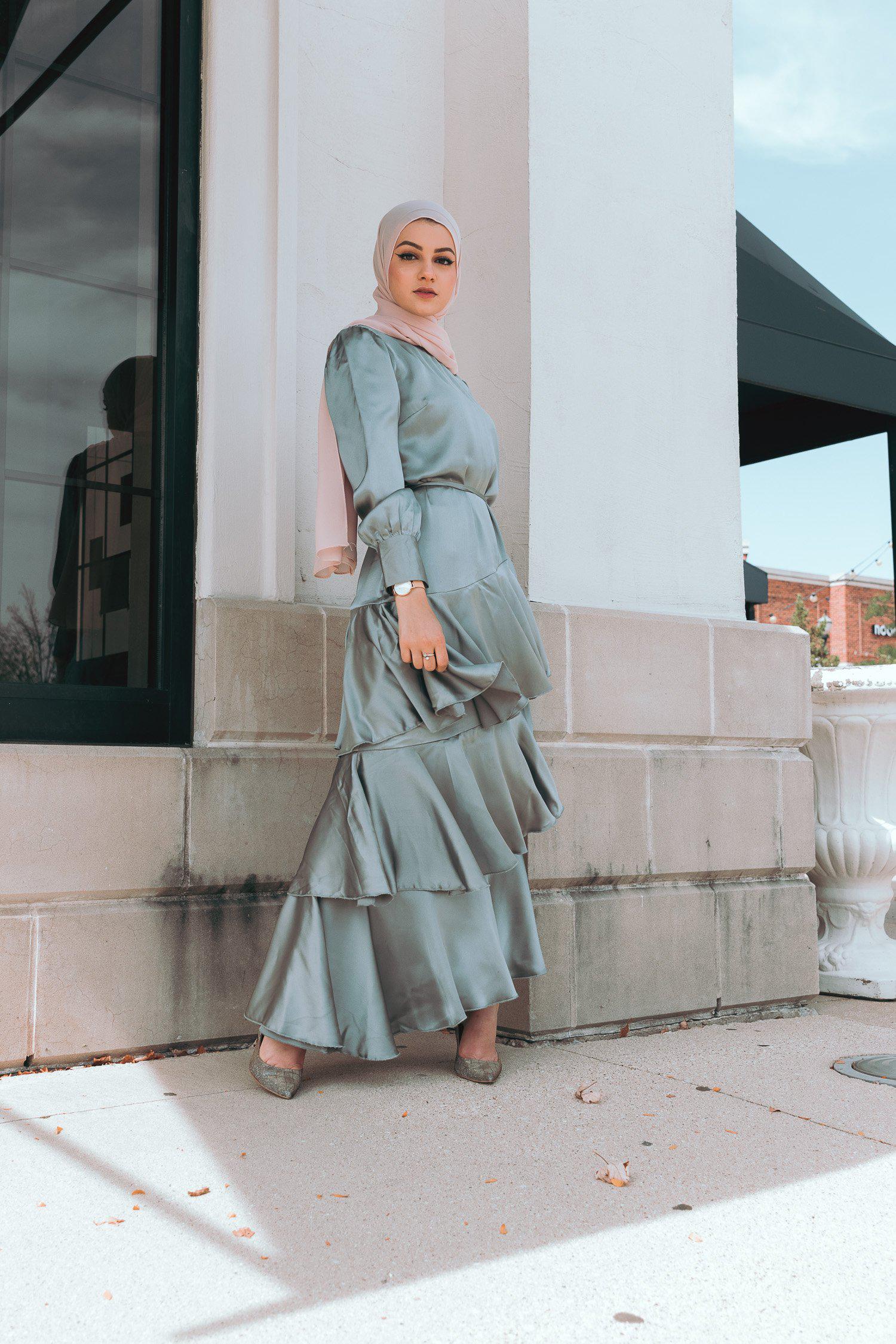 Seville Layered Satin Gown - Pale Jade Niswa Fashion Seville Layered Satin Gown - Pale Jade Niswa Fashion