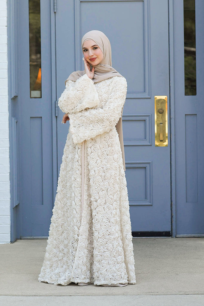 Warda Motif Open Abaya - Vintage Cream