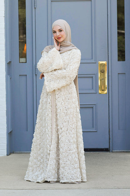Warda Motif Open Abaya - Vintage Cream