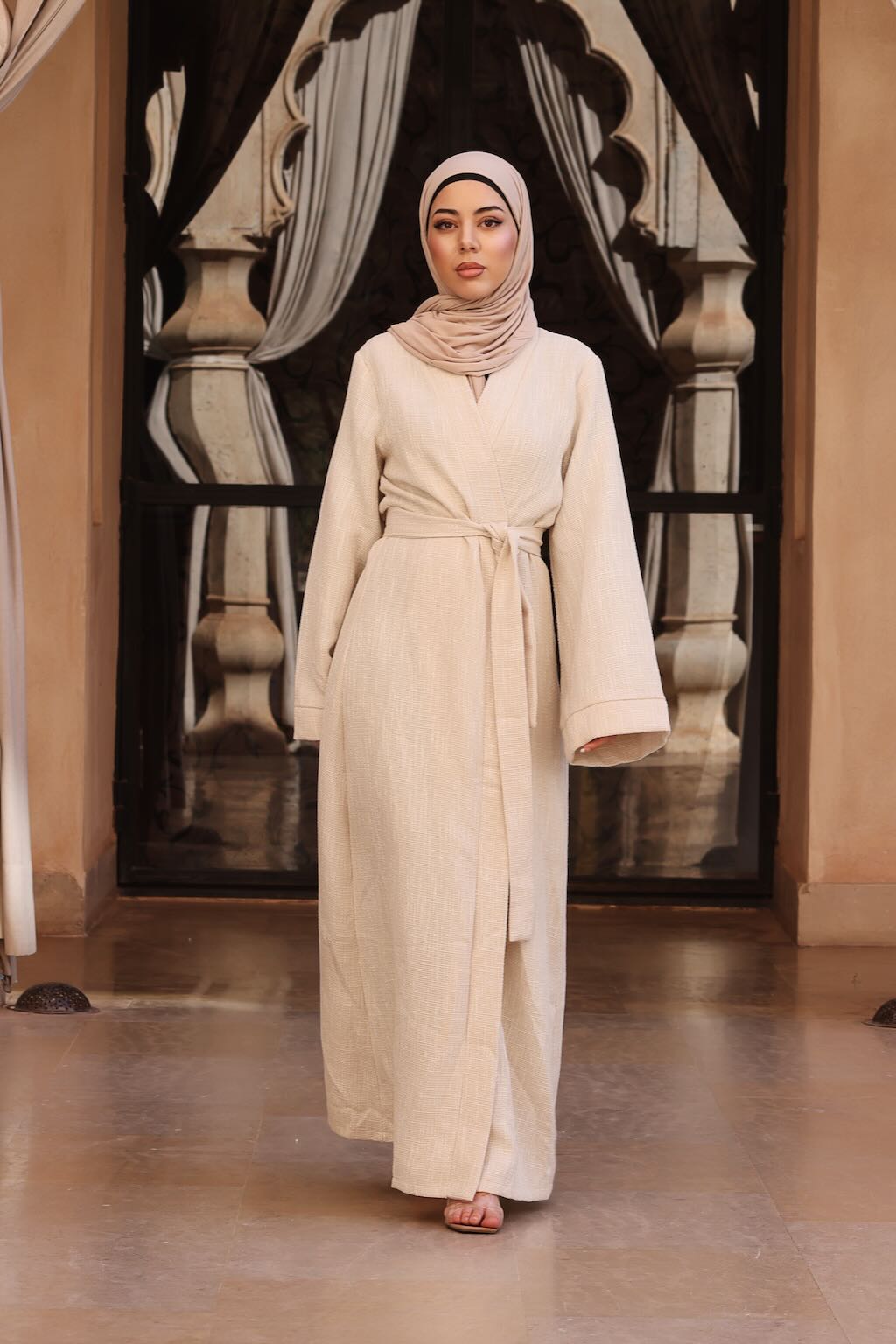 Sahar Textured Kimono Abaya - Vanilla