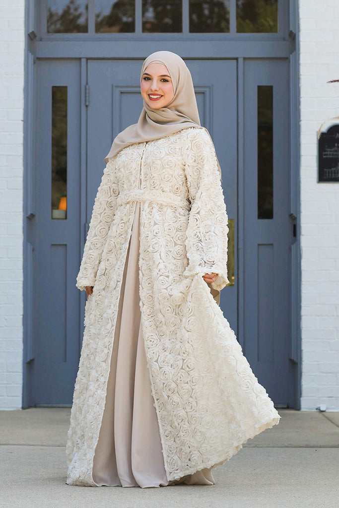 Warda Motif Open Abaya - Vintage Cream