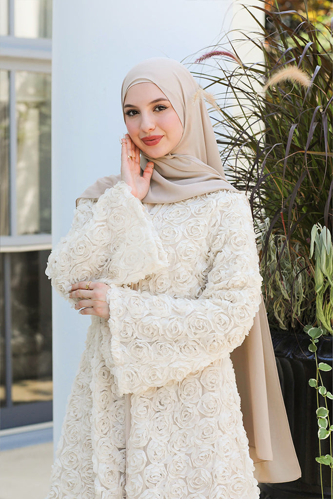 Warda Motif Open Abaya - Vintage Cream