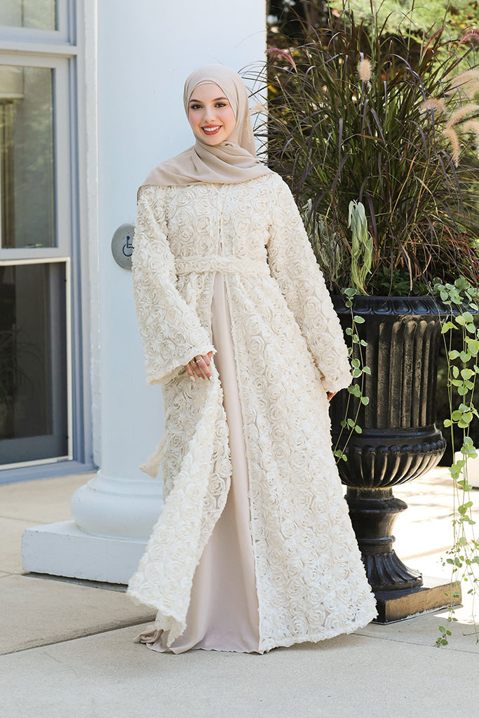 Warda Motif Open Abaya - Vintage Cream