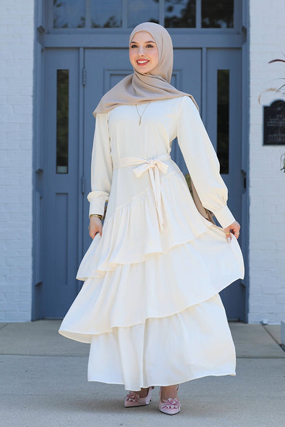 Valencia Tiered Pleated Dress - Cream