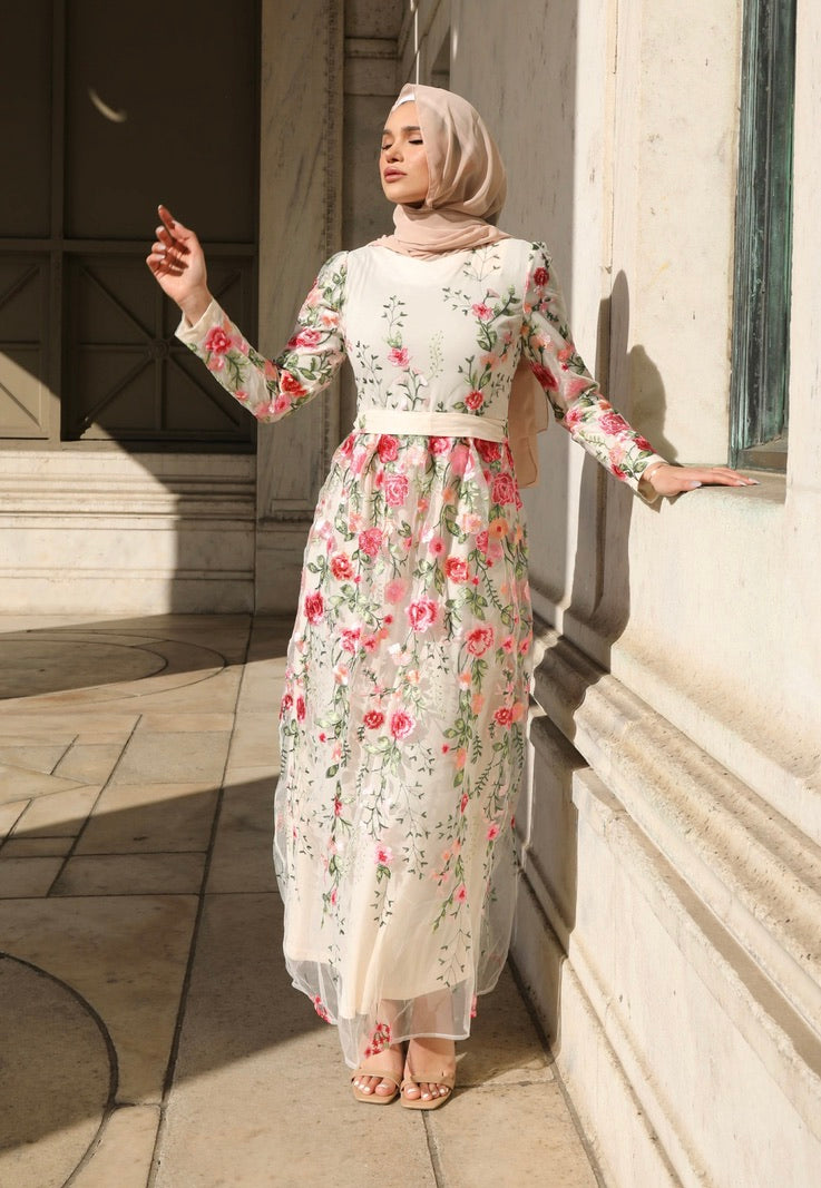 Marseille Embroidered Maxi Gown | M - 56 | Multi Color | Lace Net Embroidery, Pastel-Colored Rose Design | Clothing | Niswa Fashion Marseille Embroidered Maxi Gown | M - 56 | Multi Color | Lace Net Embroidery, Pastel-Colored Rose Design | Clothing | Niswa Fashion