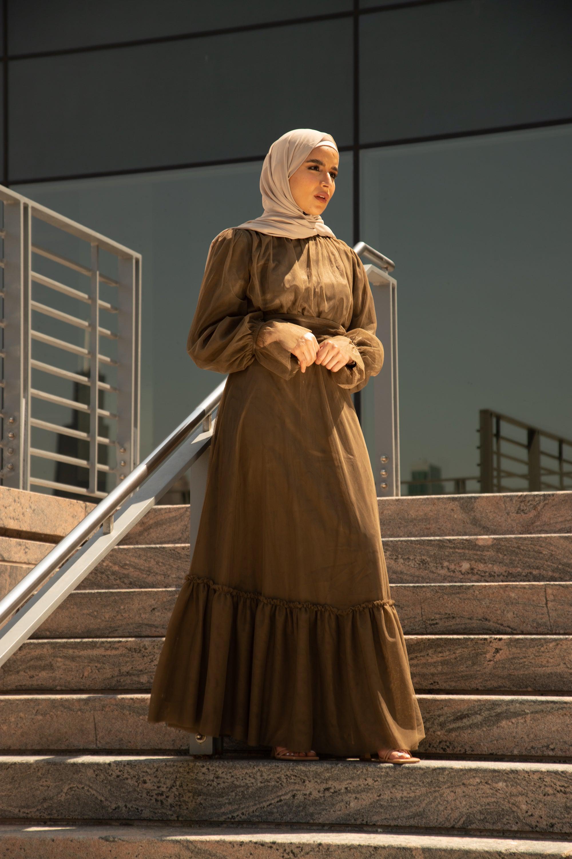 Modern Design Satin Hijab Evening Dress Emerald - Leyuze Boutique