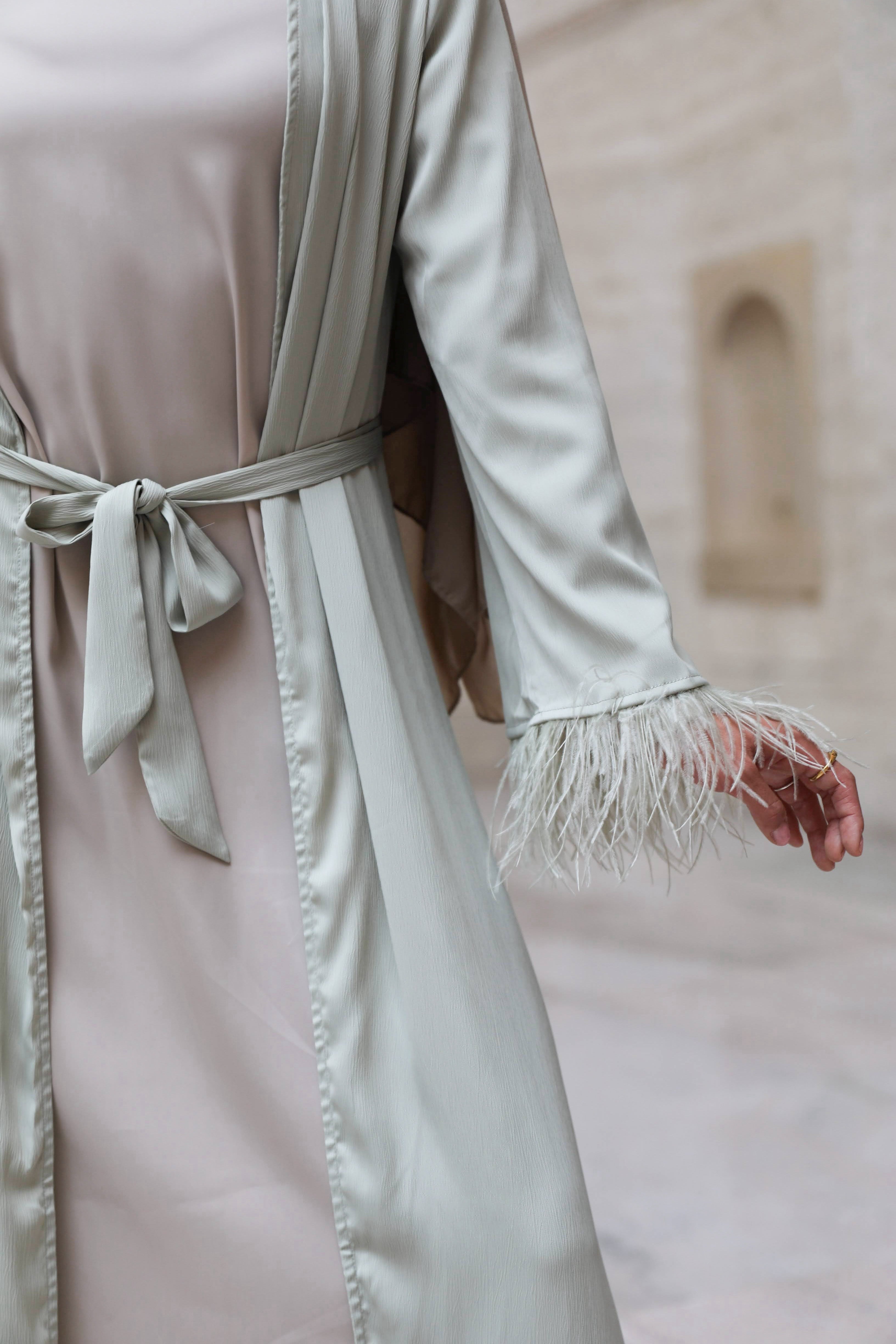 Sofiya Feather Kimono Abaya - Pastel Mint