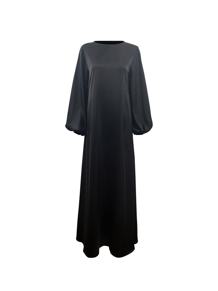 YEZWE Black Lace Satin Schiffli Maxi Dress | Floor-Length Modest Wear