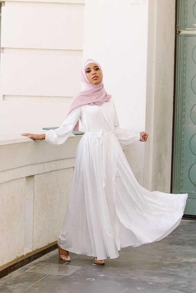 Modest Satin Dress | White | XS - 60 | Buttoned High Neckline, Long Sleeves, Pleats, Belt | Clothing | Niswa Fashion Modest Satin Dress | White | XS - 60 | Buttoned High Neckline, Long Sleeves, Pleats, Belt | Clothing | Niswa Fashion