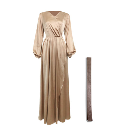 Modest Satin Dress | Gold Champagne | S - 60 | Buttoned High Neckline, Long Sleeves, Pleats, Belt | Clothing | Niswa Fashion Modest Satin Dress | Gold Champagne | S - 60 | Buttoned High Neckline, Long Sleeves, Pleats, Belt | Clothing | Niswa Fashion