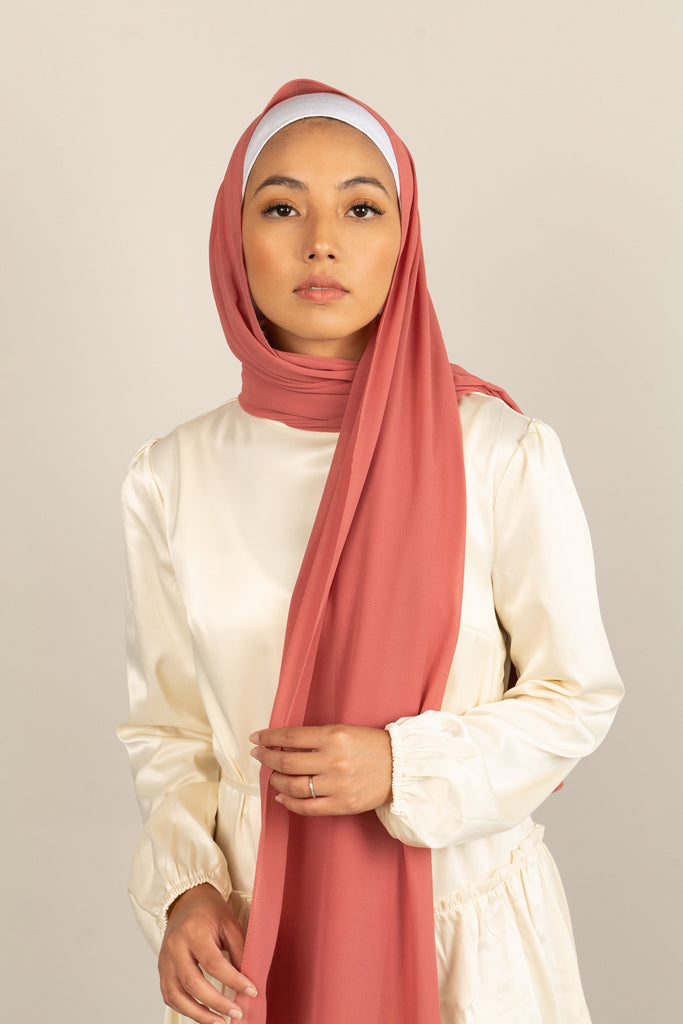 CALM CORAL Georgette Chiffon Scarf-AllScarves-Niswa Fashion
