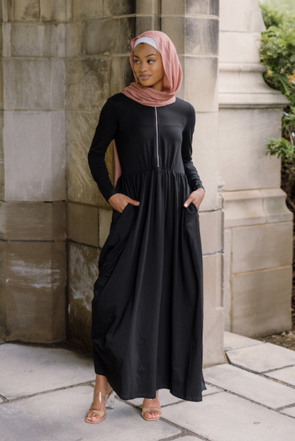 BlackAminah Zipper Jersey Dress for Muslim Women Niswa Fashion