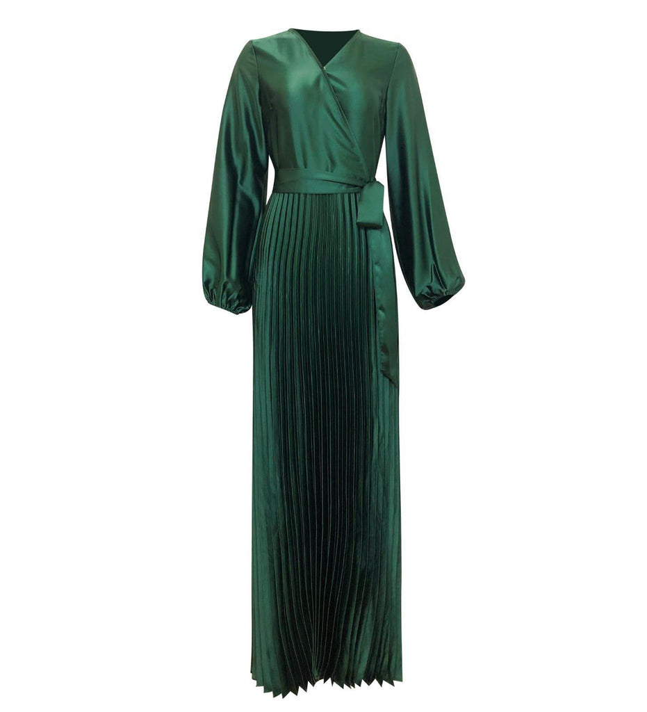 Ayla Pleated Satin Gown - Emerald-Niswa Fashion