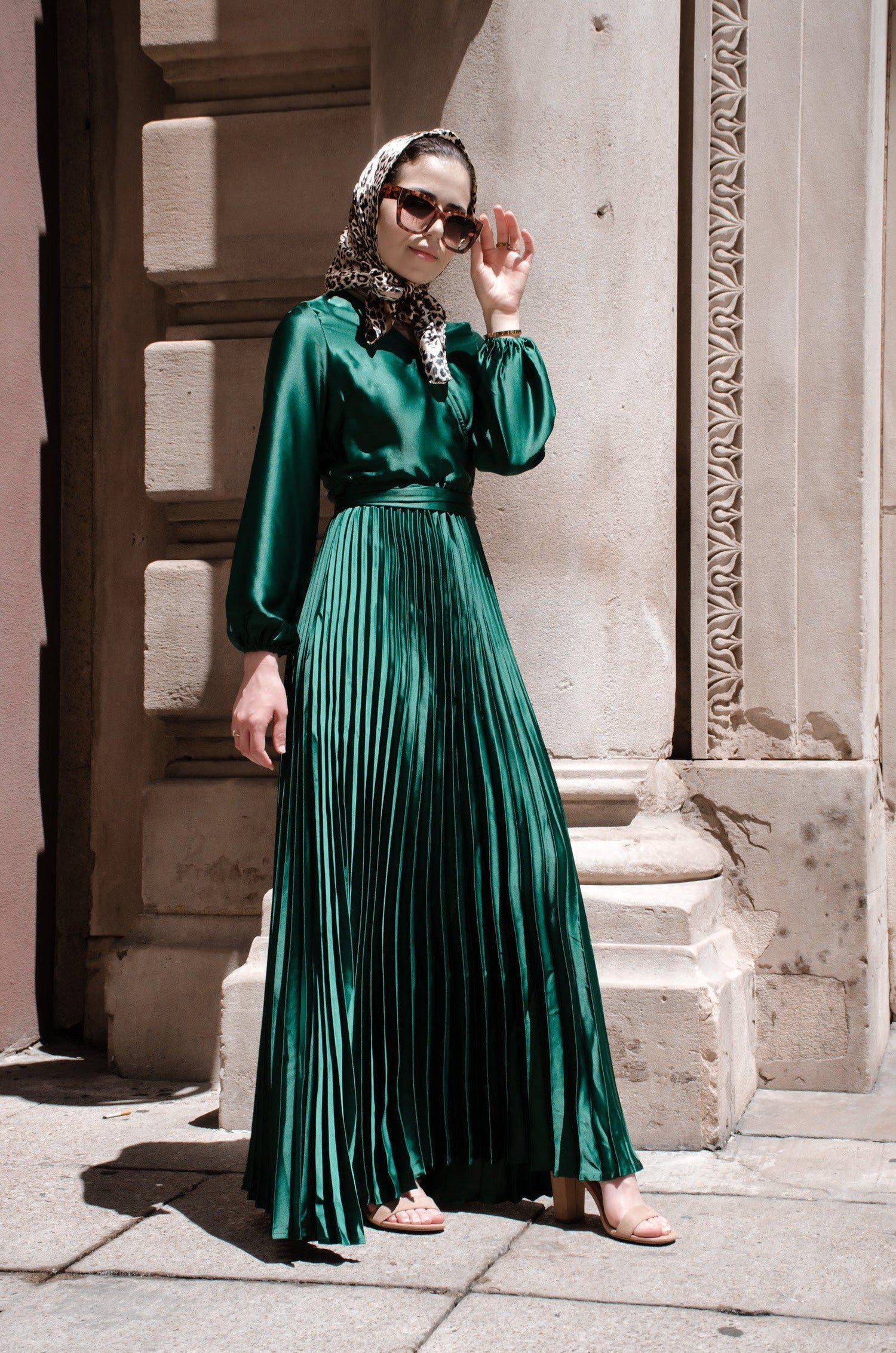 Ayla Pleated Satin Gown - Emerald Niswa Fashion Ayla Pleated Satin Gown - Emerald Niswa Fashion