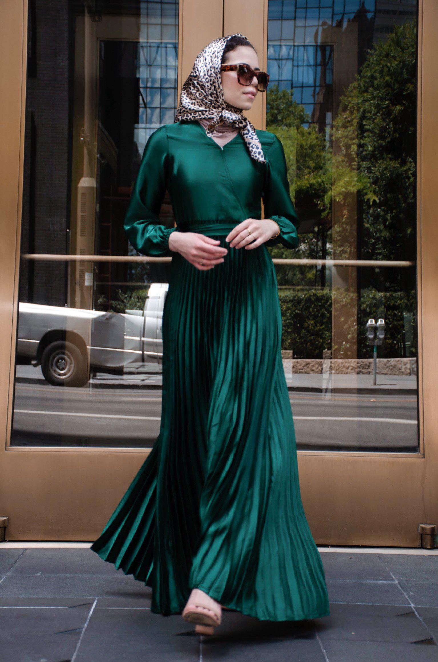 Ayla Pleated Satin Gown - Emerald-Niswa Fashion