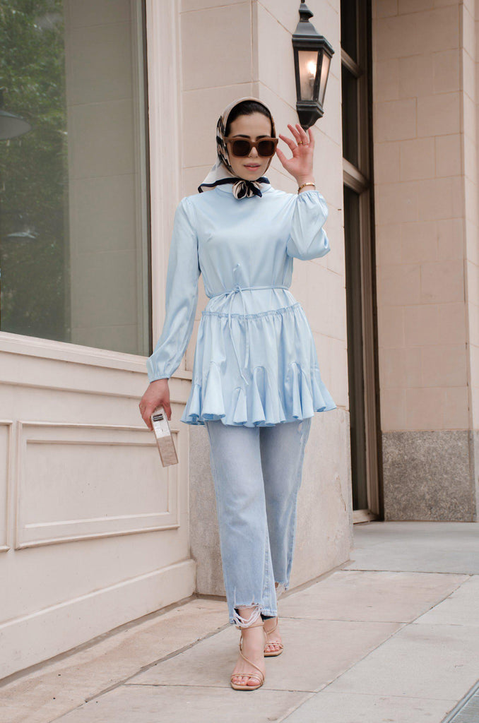 Cinderella Satin Tunic - Powdery Blue SALE-Niswa Fashion