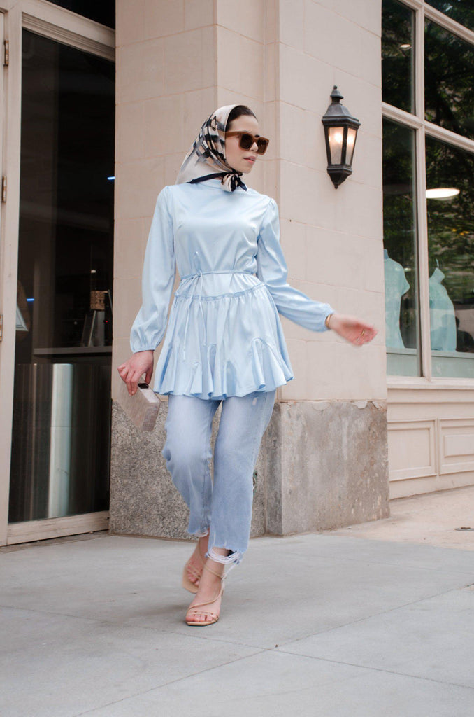 Cinderella Satin Tunic - Powdery Blue SALE-Niswa Fashion