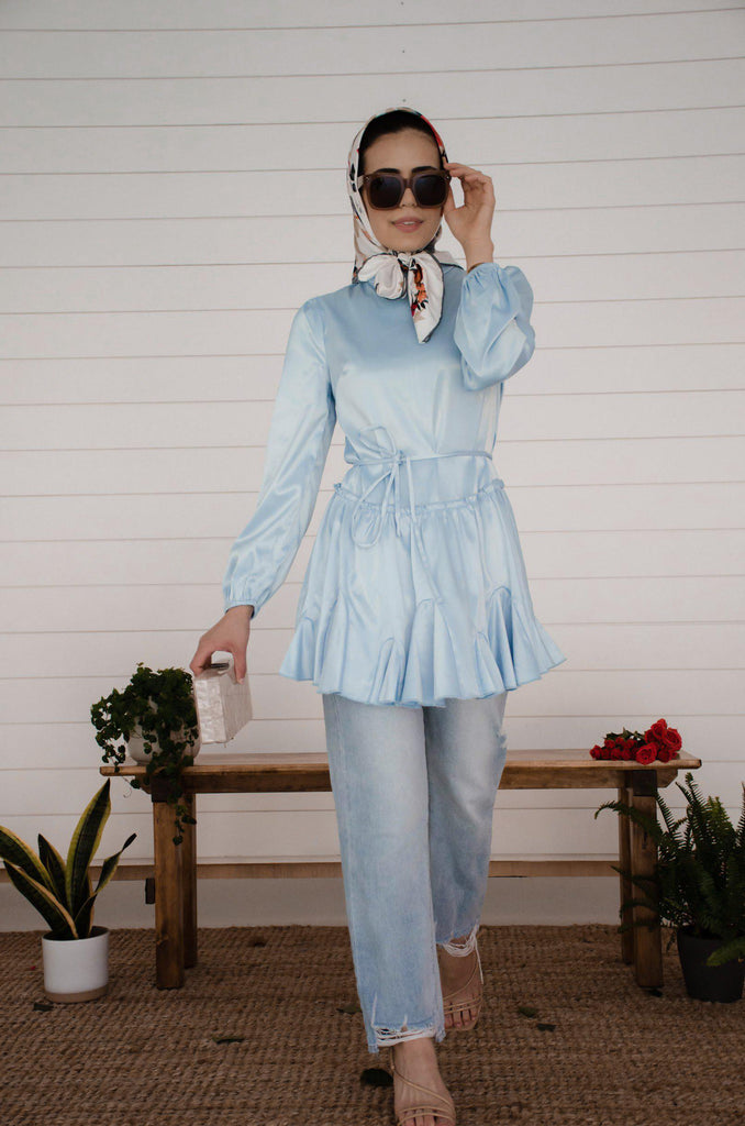 Cinderella Satin Tunic - Powdery Blue SALE-Niswa Fashion
