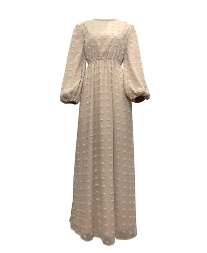Eva Maxi Dress - Embossed Dots | Beige | XS - 60 | Chiffon Blend, Cinched Waist, Embossed Dot Detail | Clothing