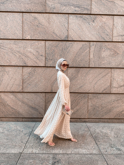 Eva Maxi Dress - Embossed Dots | Beige | XS - 60 | Chiffon Blend, Cinched Waist, Embossed Dot Detail | Clothing | Niswa Fashion Eva Maxi Dress - Embossed Dots | Beige | XS - 60 | Chiffon Blend, Cinched Waist, Embossed Dot Detail | Clothing | Niswa Fashion