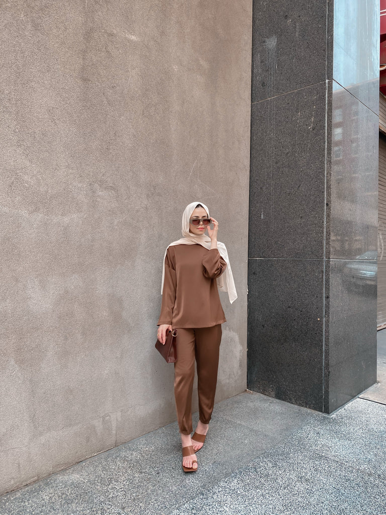 Zara Top & Trouser Set - Coffee Bean-Niswa Fashion