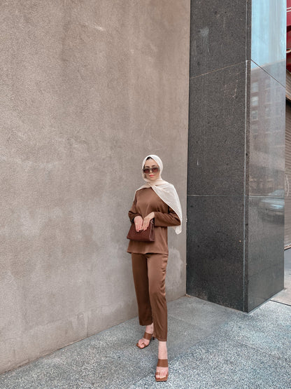 Zara Top &amp; Trouser Set - Coffee Bean-Niswa Fashion