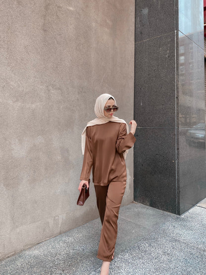 Zara Top &amp; Trouser Set - Coffee Bean-Niswa Fashion