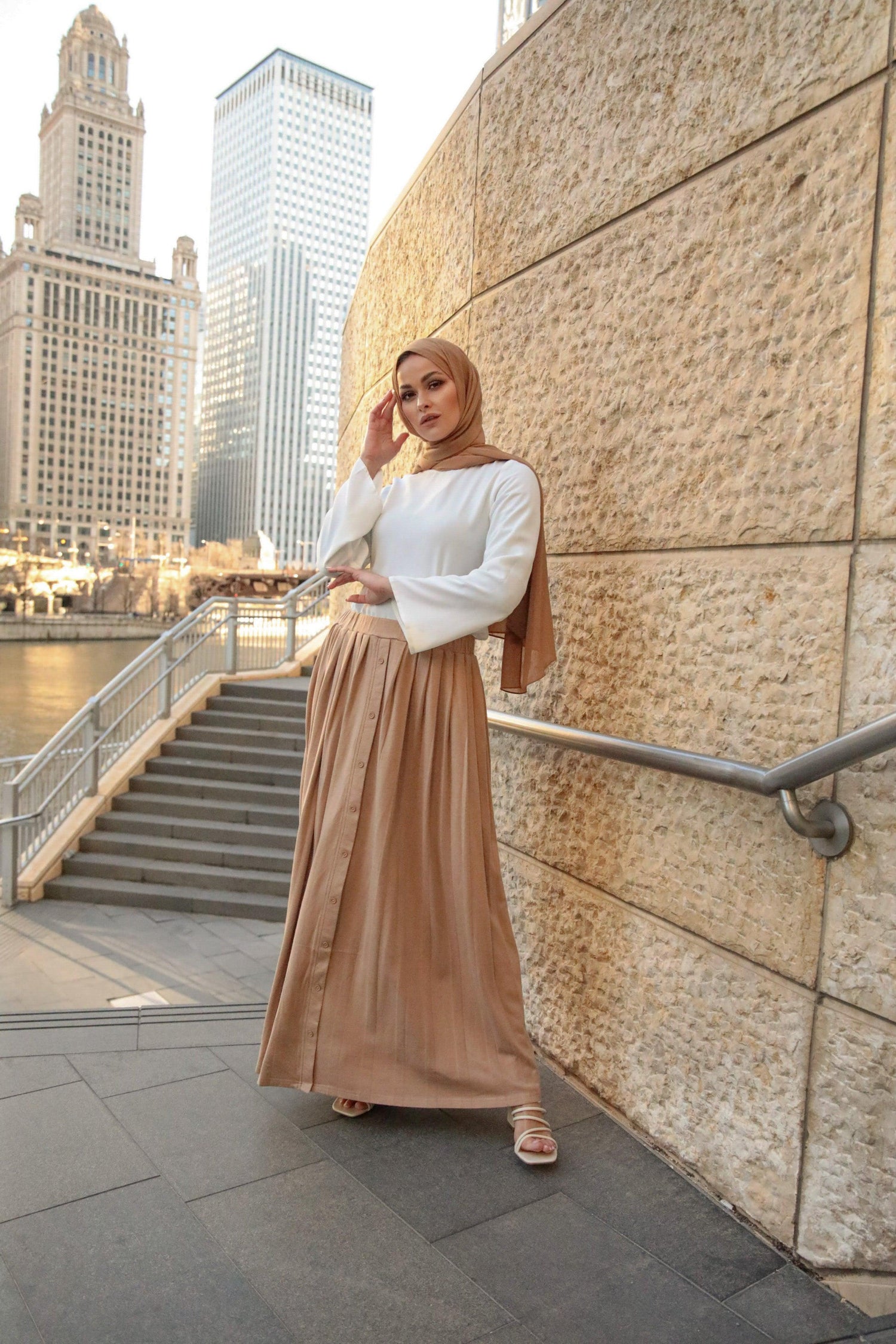 Buttoned Front Pleated Maxi Skirt - Sand