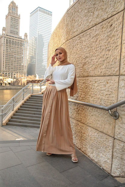 Buttoned Front Pleated Maxi Skirt - Sand