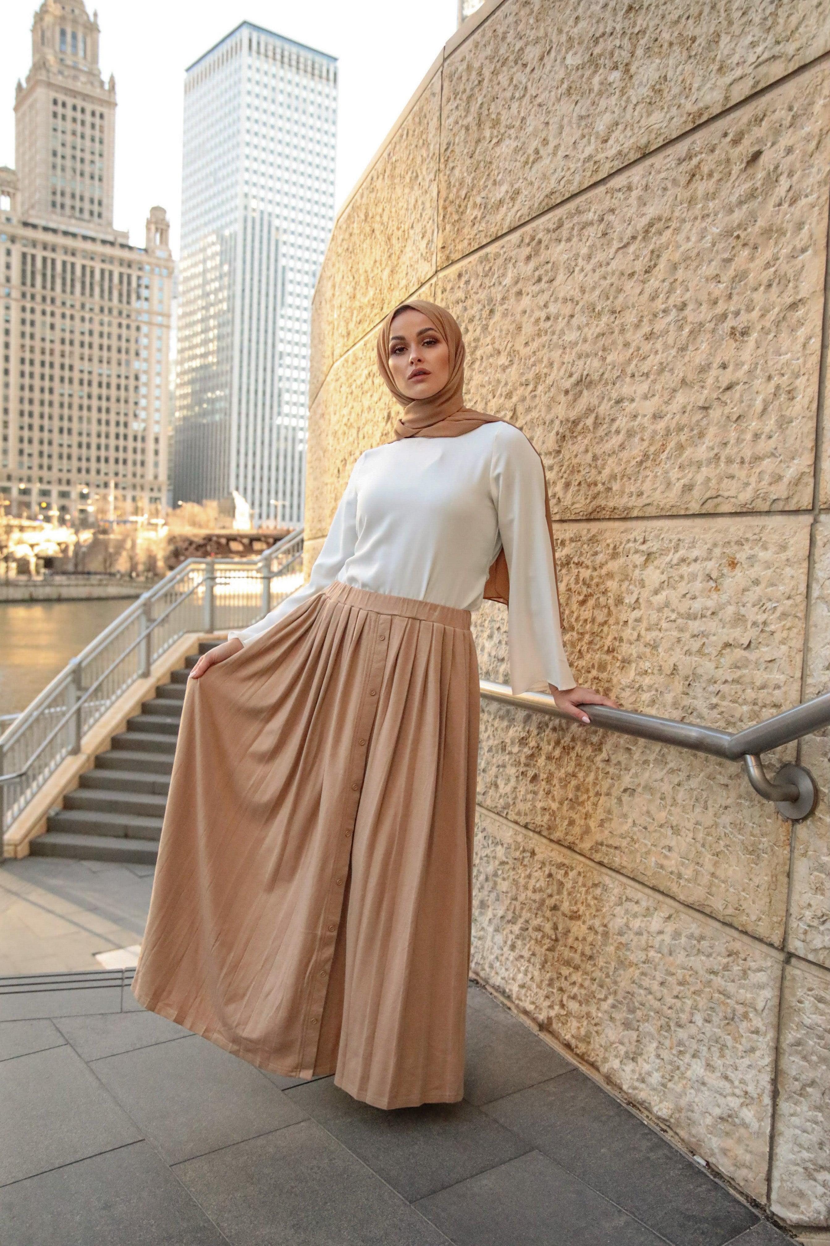 Buttoned Front Pleated Maxi Skirt - Sand
