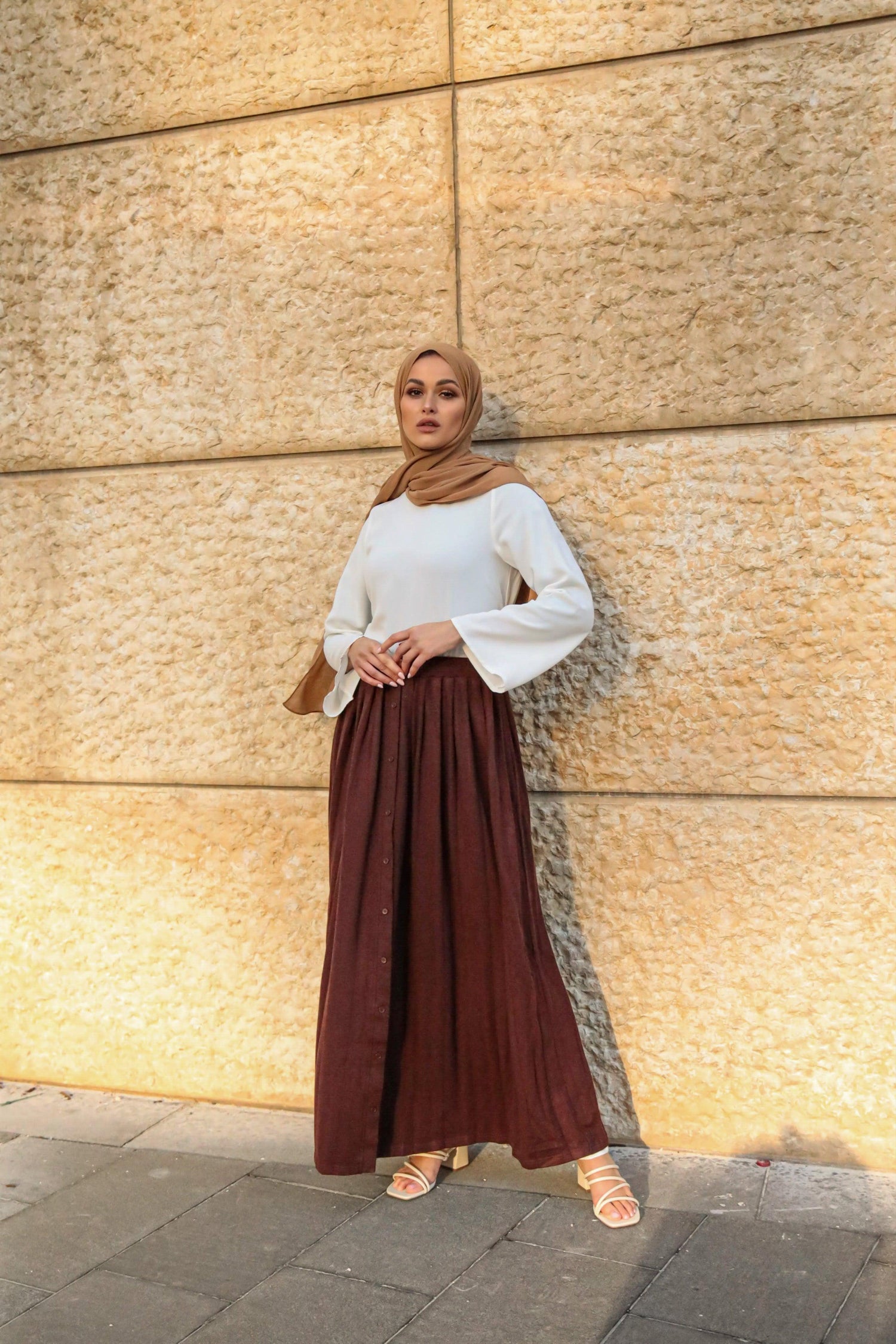 Buttoned Front Pleated Maxi Skirt - Chocolate