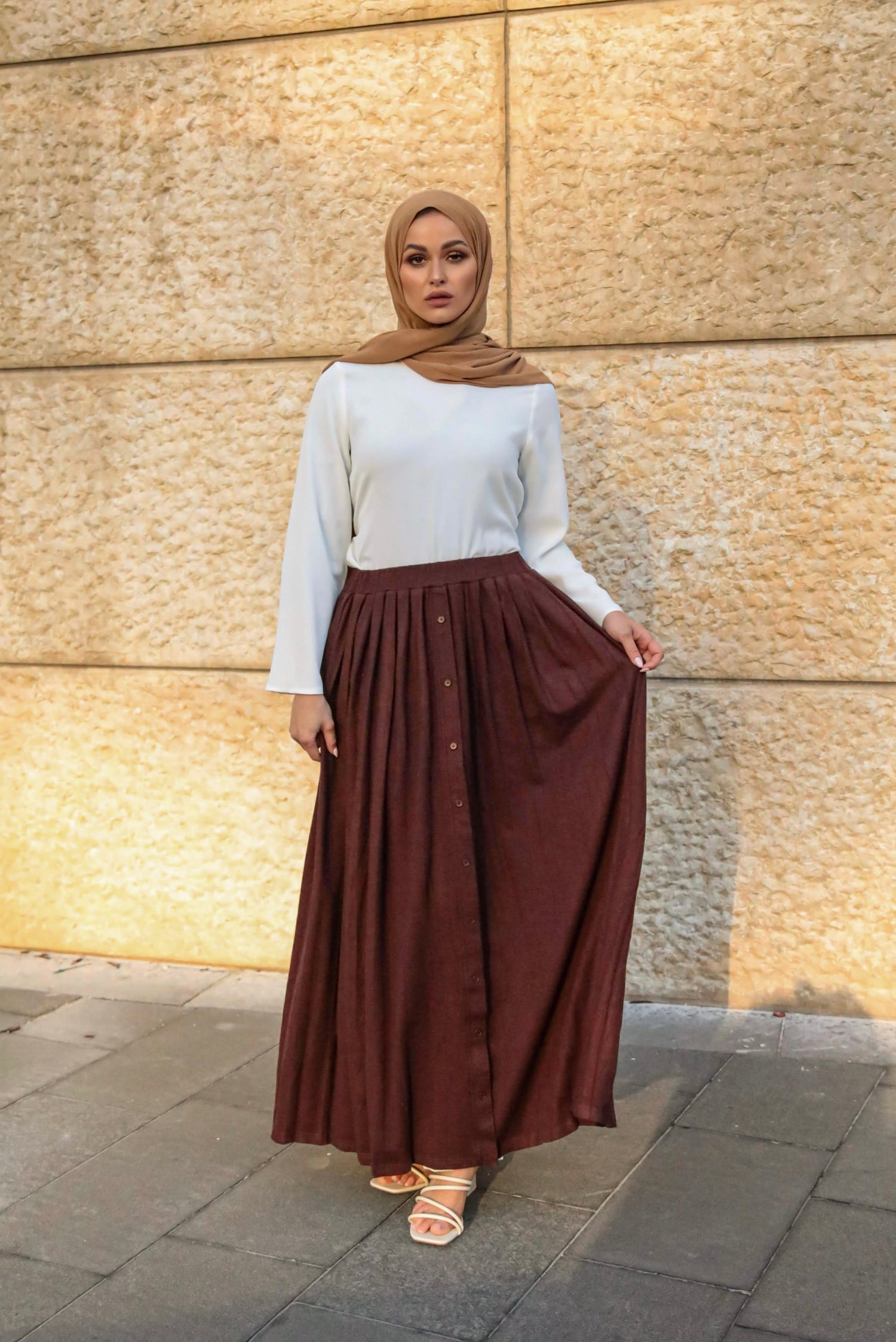 Buttoned Front Pleated Maxi Skirt - Chocolate