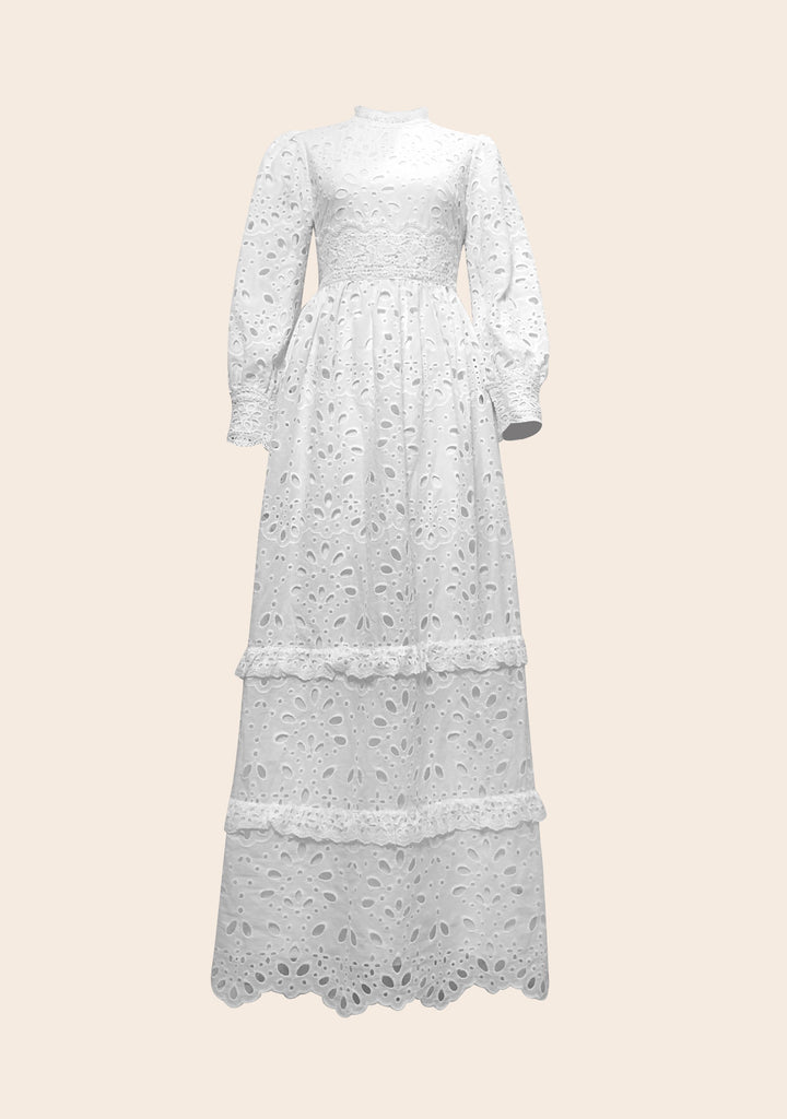 Isolde Eyelet Maxi Gown - White Carnation-Niswa Fashion