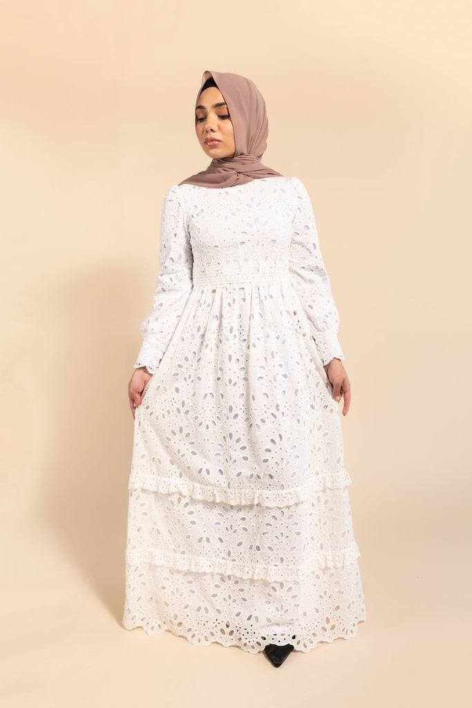 Isolde Eyelet Maxi Gown - White Carnation-Niswa Fashion